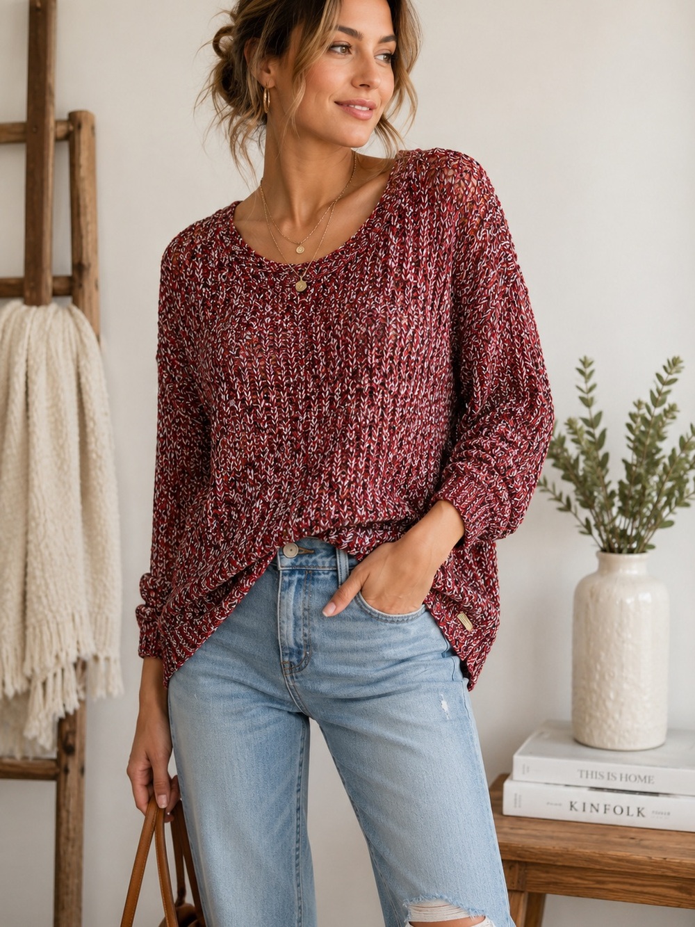 Eddie Bauer Red Marled Open Knit Cotton Sweater XL